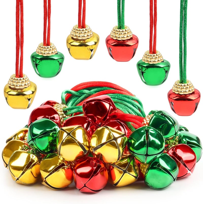LIGHOON 24 PCS Christmas Jingle Bell, Necklace Bells with Rope for Christmas Holiday Party Decoration Supplies (Red, Gold, Green) - Image 1